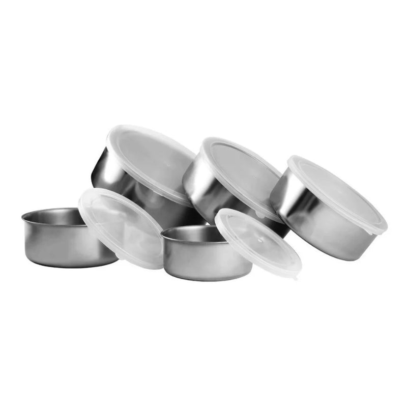 Jogo 5 Potes Tigelas em Aço Inox Alumínio Com Tampa Redondo
