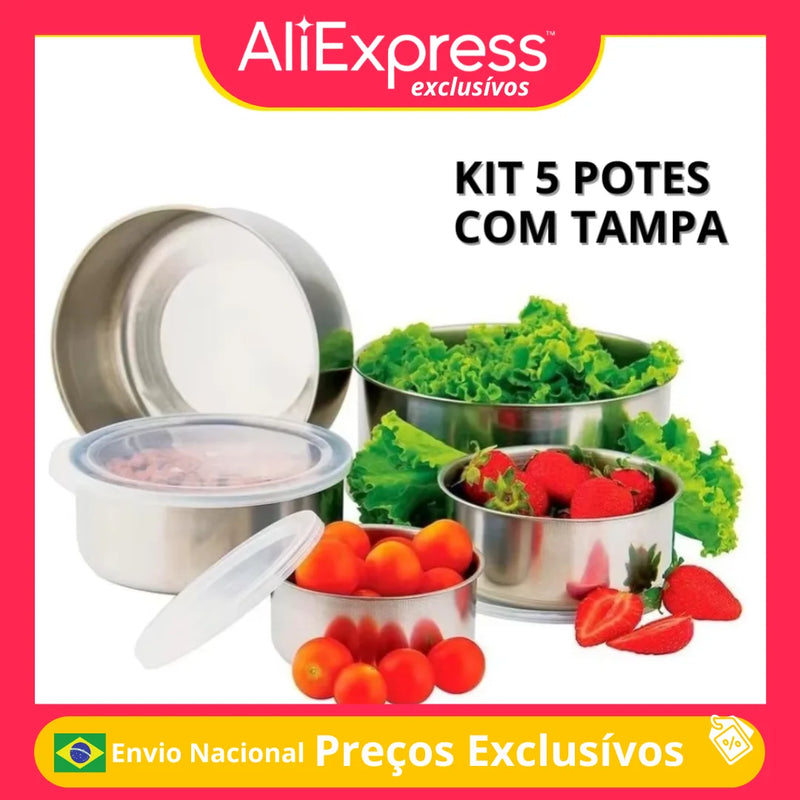 Jogo 5 Potes Tigelas em Aço Inox Alumínio Com Tampa Redondo