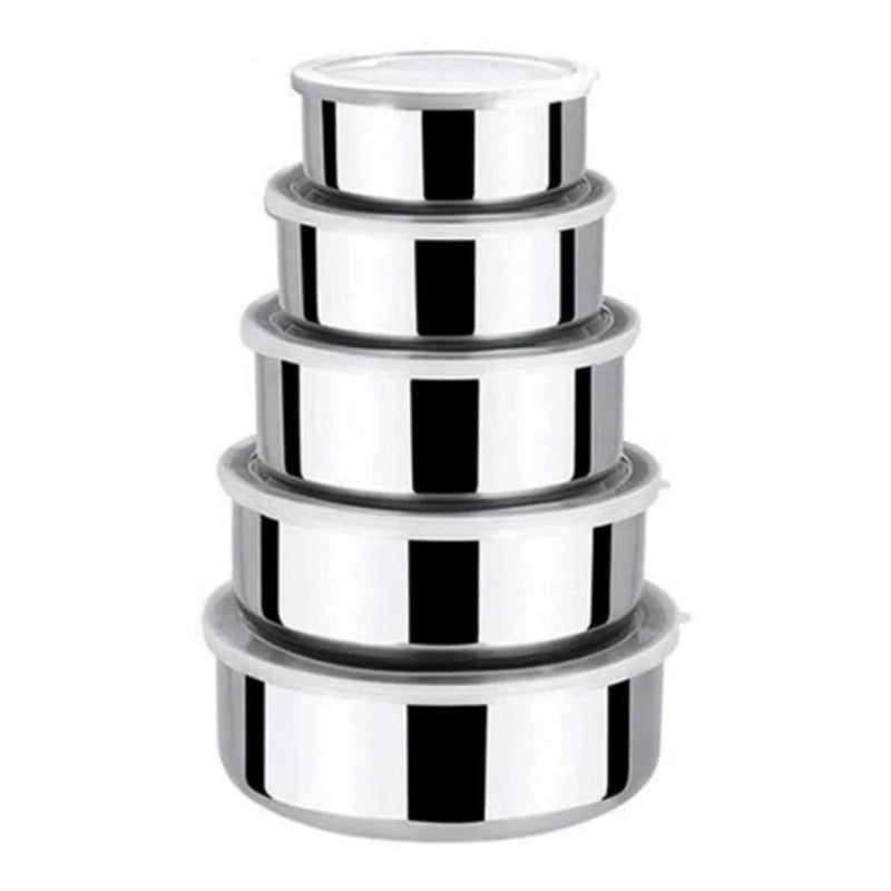 Jogo 5 Potes Tigelas em Aço Inox Alumínio Com Tampa Redondo