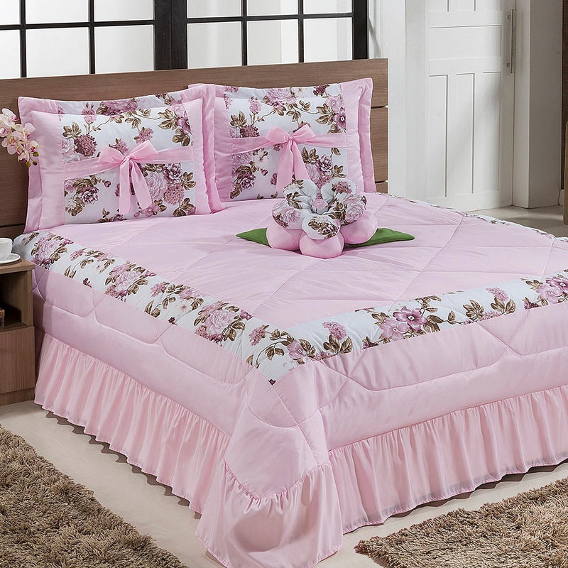 Kit Cobre Leito Casal Padrão com Almofada de Flor 04 Peças